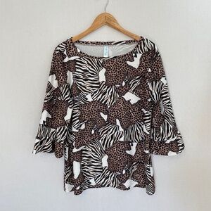PATTI BIGGS Women’s Size XL Brown White Abstract Animal Print UV Protection Top
